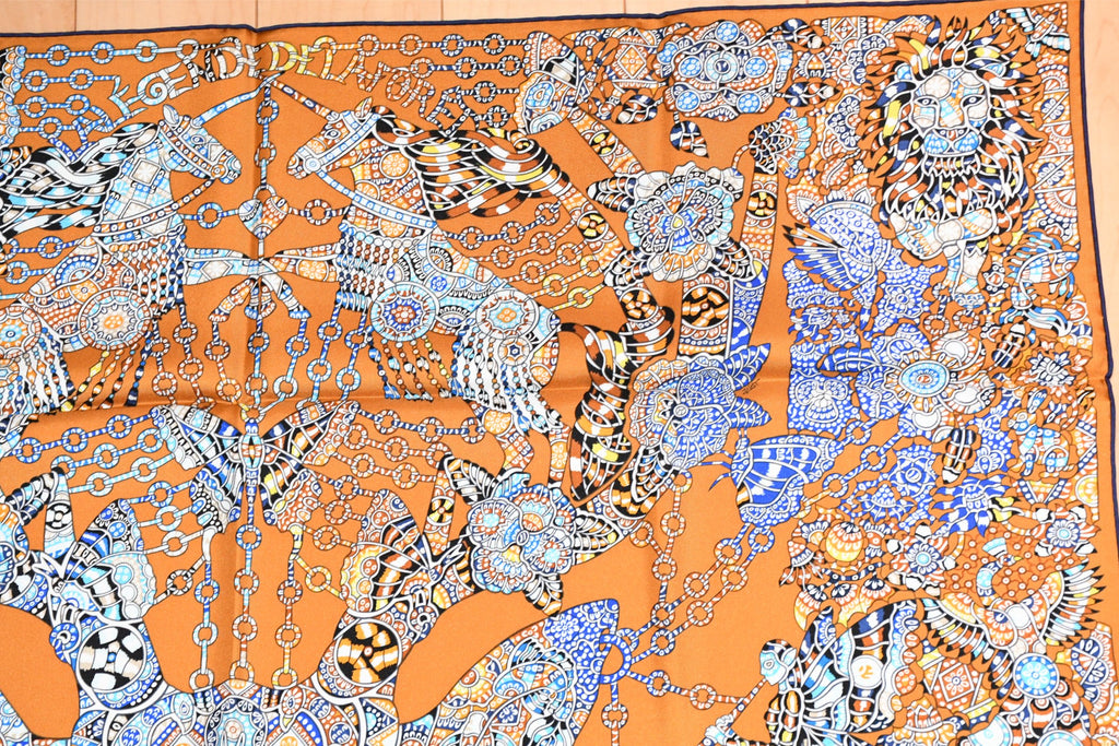 Hermes Scarf La Legende de la Foret 90 cm orange forest deer animal Carre 35"