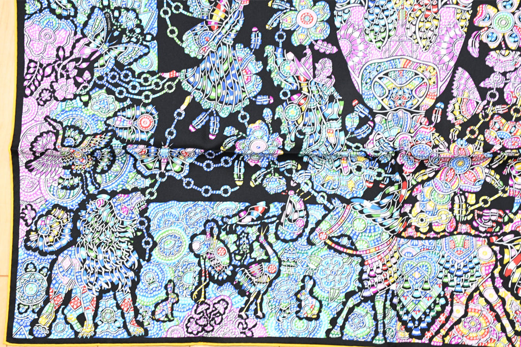 Hermes Scarf La Legende de la Foret 90 cm silk black yellow legend forest deer Carre 35"