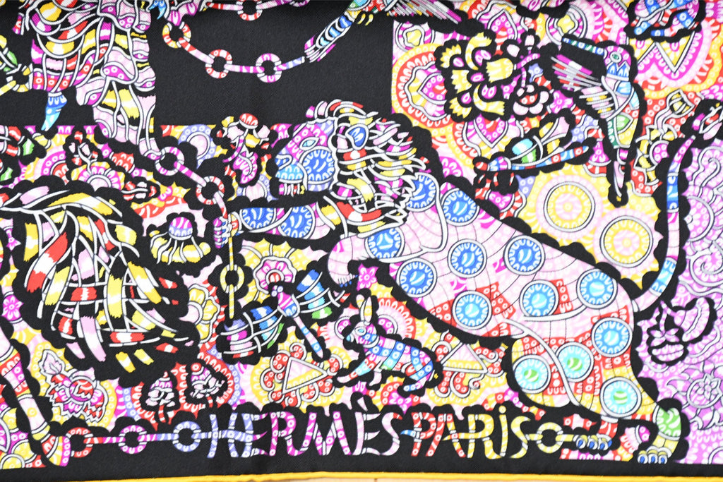 Hermes Scarf La Legende de la Foret 90 cm silk black yellow legend forest deer Carre 35"