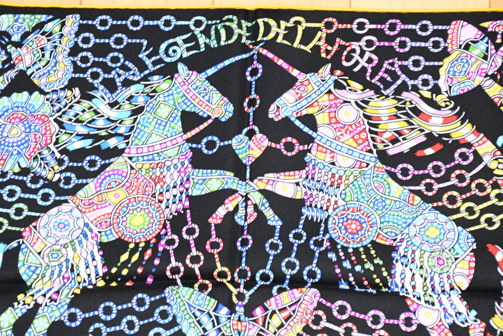 Hermes Scarf La Legende de la Foret 90 cm silk black yellow legend forest deer Carre 35"