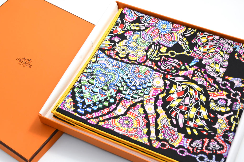 Hermes Scarf La Legende de la Foret 90 cm silk black yellow legend forest deer Carre 35"