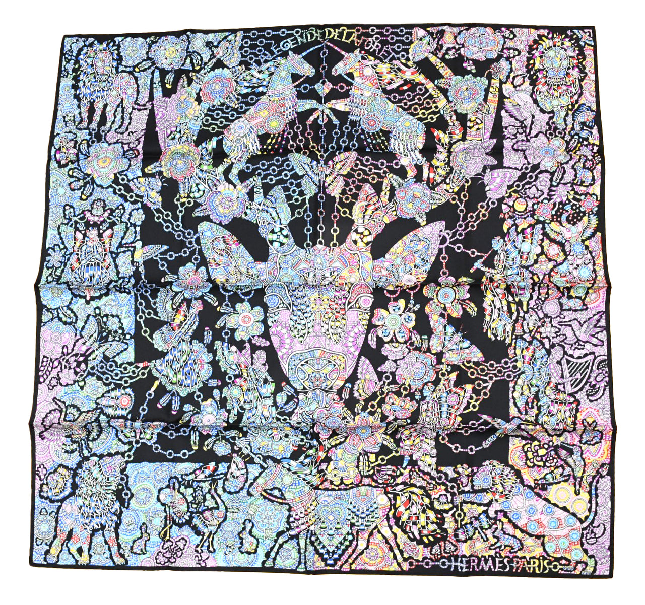 Hermes Scarf La Legende de la Foret 90 cm silk black yellow legend forest deer Carre 35"