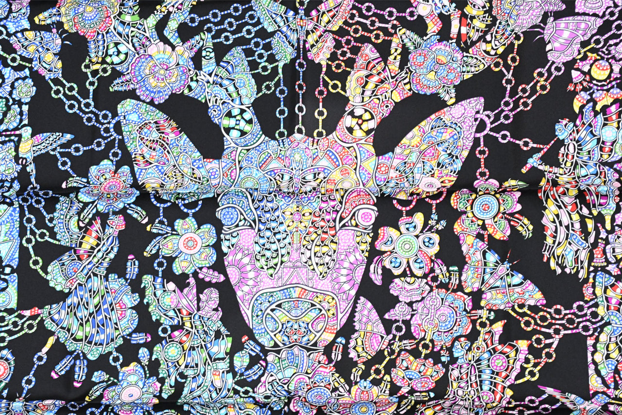 Hermes Scarf La Legende de la Foret 90 cm silk black yellow legend forest deer Carre 35"