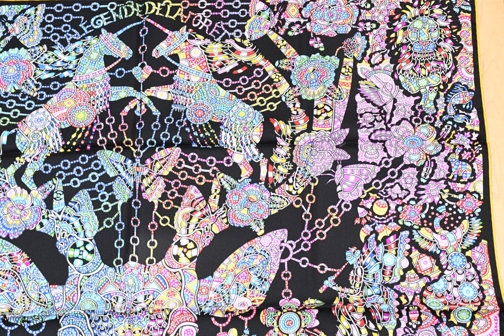Hermes Scarf La Legende de la Foret 90 cm silk black yellow legend forest deer Carre 35"