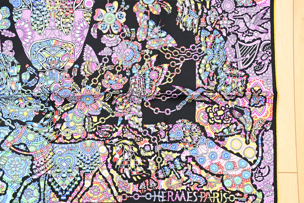 Hermes Scarf La Legende de la Foret 90 cm silk black yellow legend forest deer Carre 35"