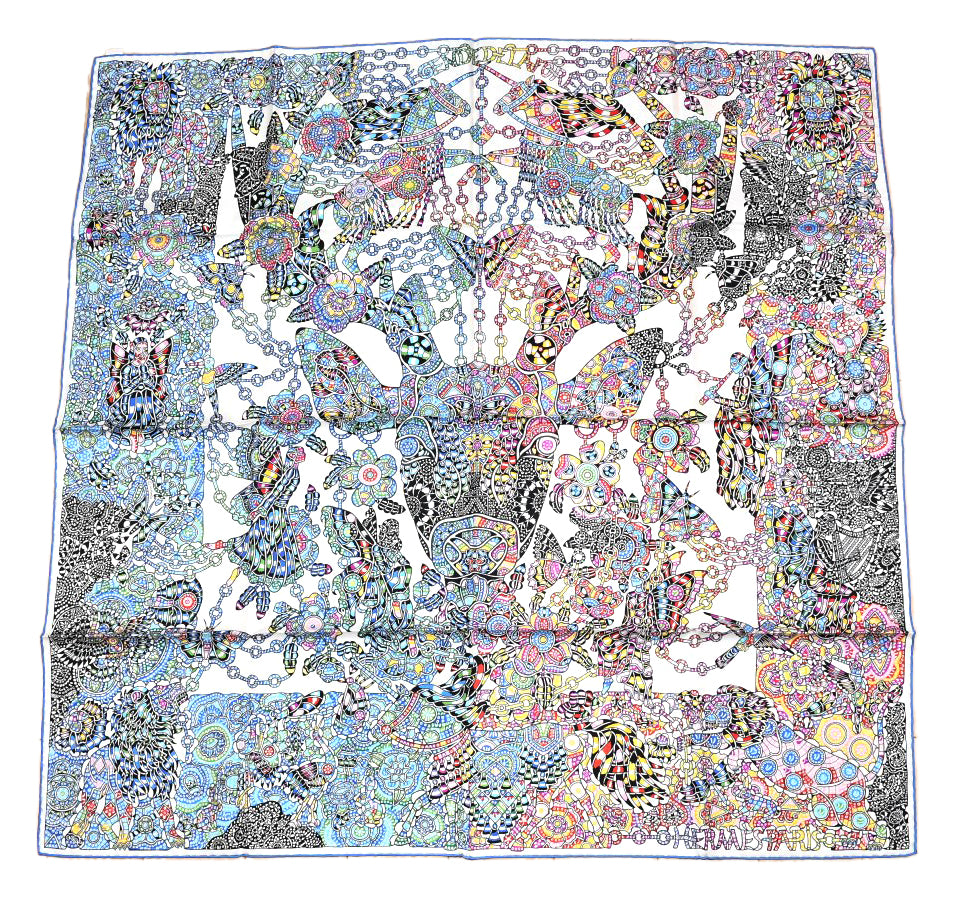 Hermes Scarf La Legende de la Foret 90 cm silk white blue legend forest deer Carre 35"