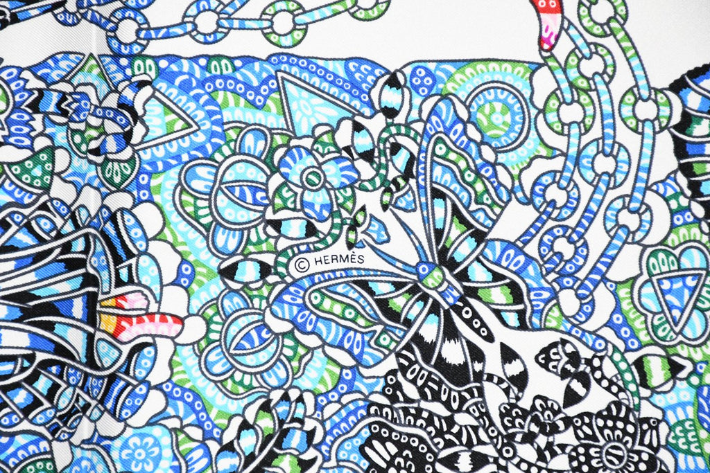 Hermes Scarf La Legende de la Foret 90 cm silk white blue legend forest deer Carre 35"