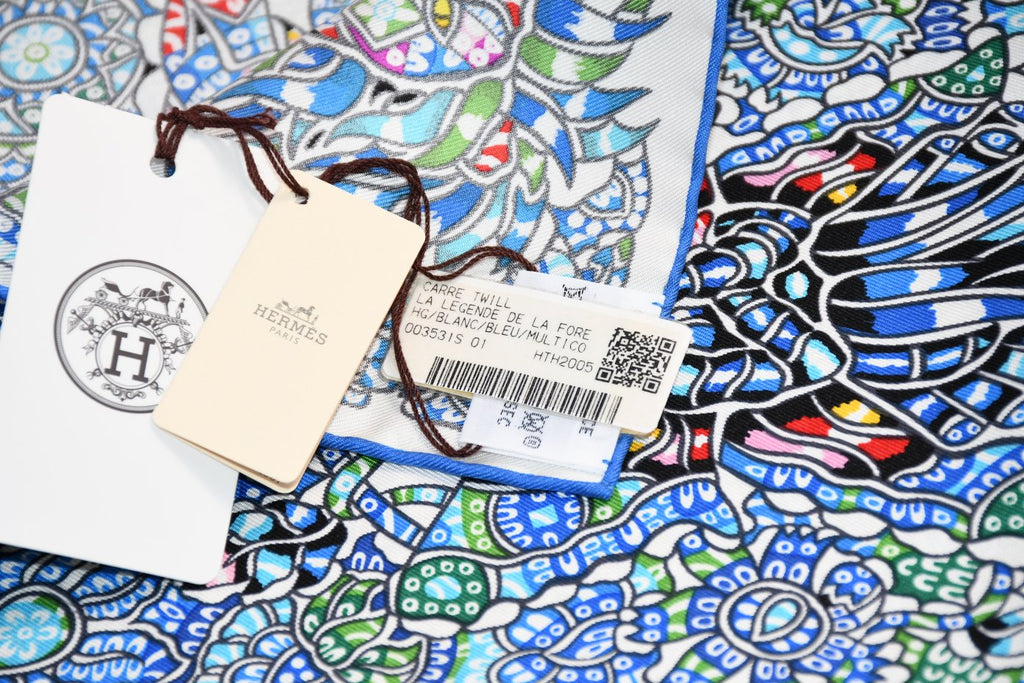 Hermes Scarf La Legende de la Foret 90 cm silk white blue legend forest deer Carre 35"