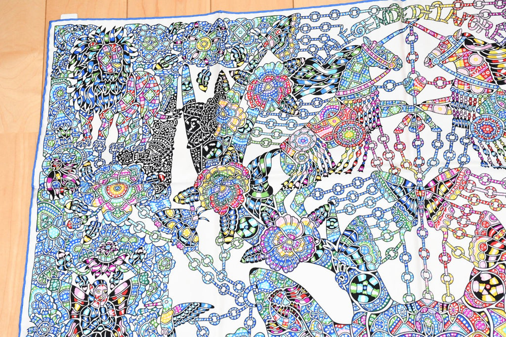 Hermes Scarf La Legende de la Foret 90 cm silk white blue legend forest deer Carre 35"