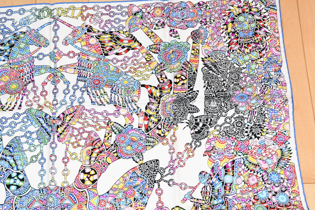 Hermes Scarf La Legende de la Foret 90 cm silk white blue legend forest deer Carre 35"