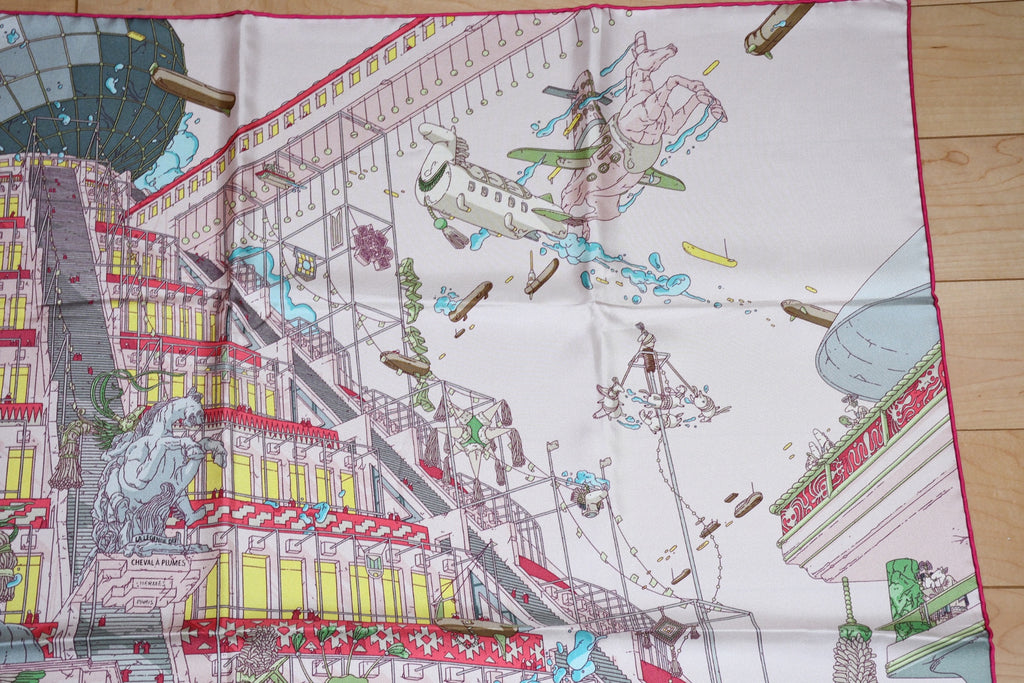 Hermes Scarf La Legende du Cheval a Plumes 90 cm silk pink Carre Pegasus horse