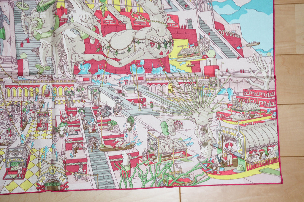 Hermes Scarf La Legende du Cheval a Plumes 90 cm silk pink Carre Pegasus horse