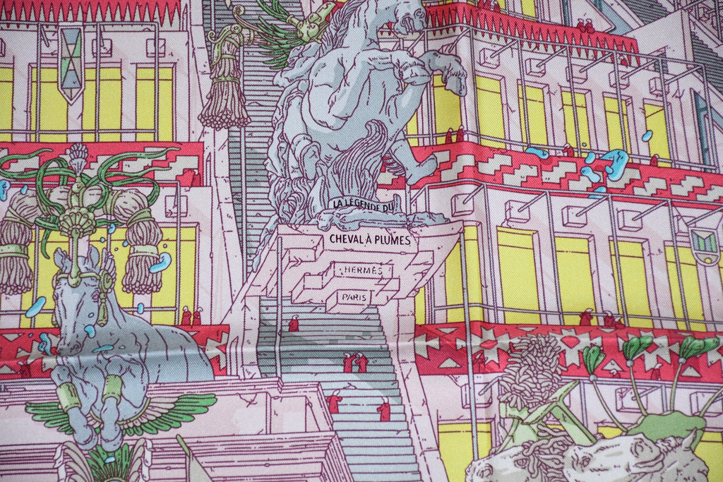 Hermes Scarf La Legende du Cheval a Plumes 90 cm silk pink Carre Pegasus horse