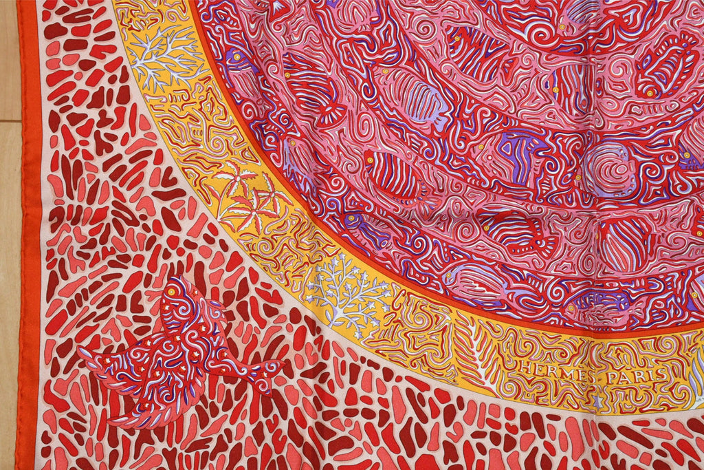 Hermes Scarf La Legende du Poisson Corail 90 cm silk orange Carre coral fish 35"