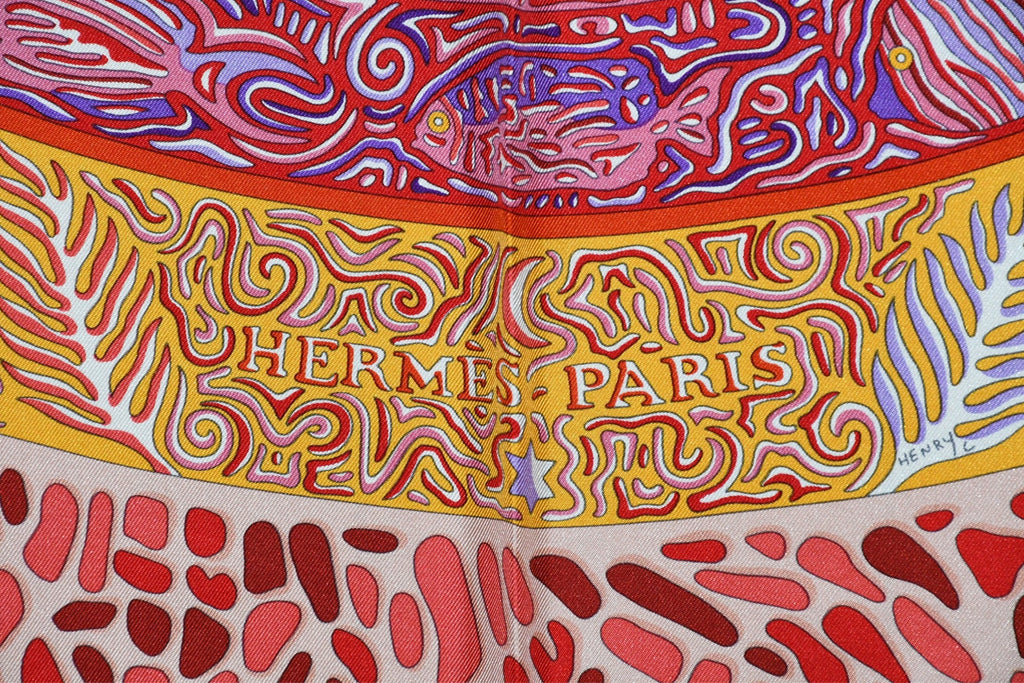 Hermes Scarf La Legende du Poisson Corail 90 cm silk orange Carre coral fish 35"