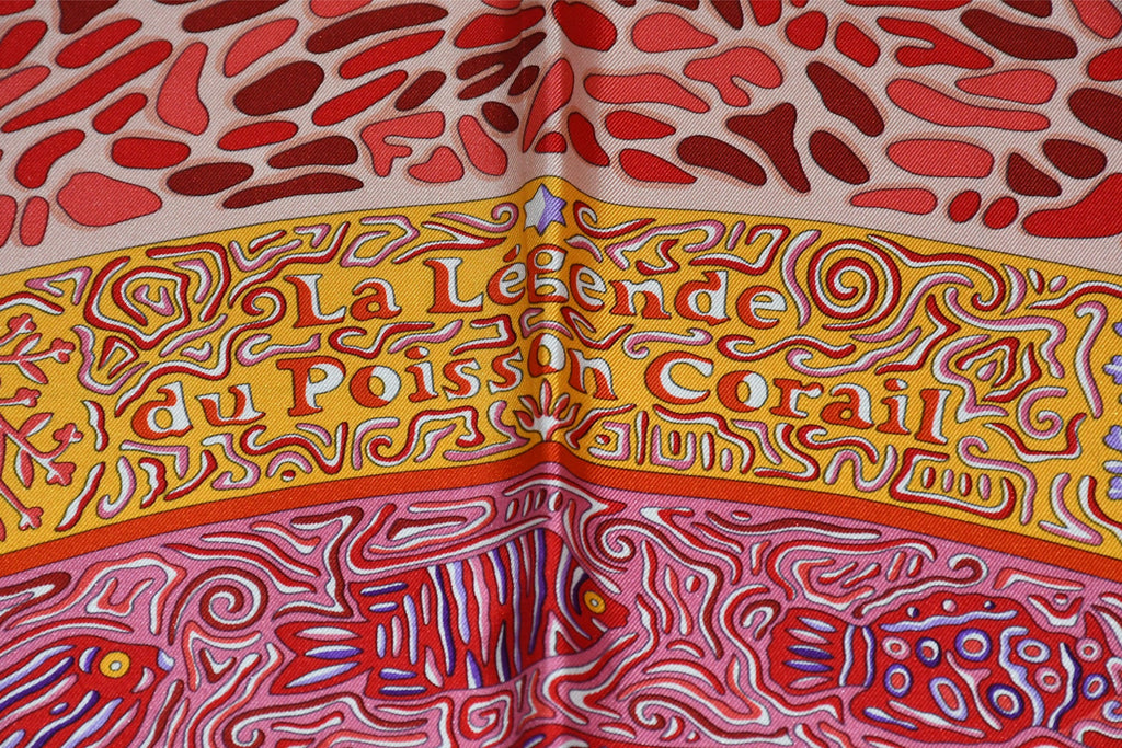 Hermes Scarf La Legende du Poisson Corail 90 cm silk orange Carre coral fish 35"
