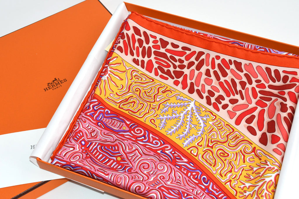 Hermes Scarf La Legende du Poisson Corail 90 cm silk orange Carre coral fish 35"