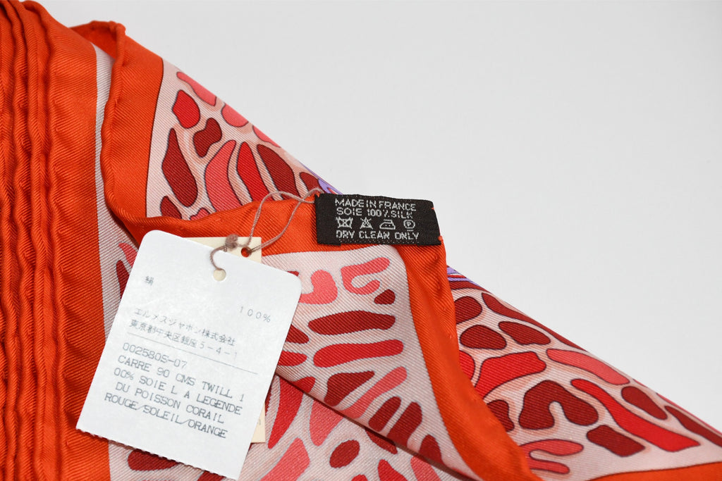 Hermes Scarf La Legende du Poisson Corail 90 cm silk orange Carre coral fish 35"
