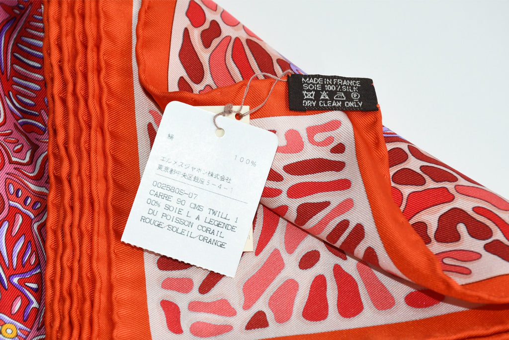 Hermes Scarf La Legende du Poisson Corail 90 cm silk orange Carre coral fish 35"