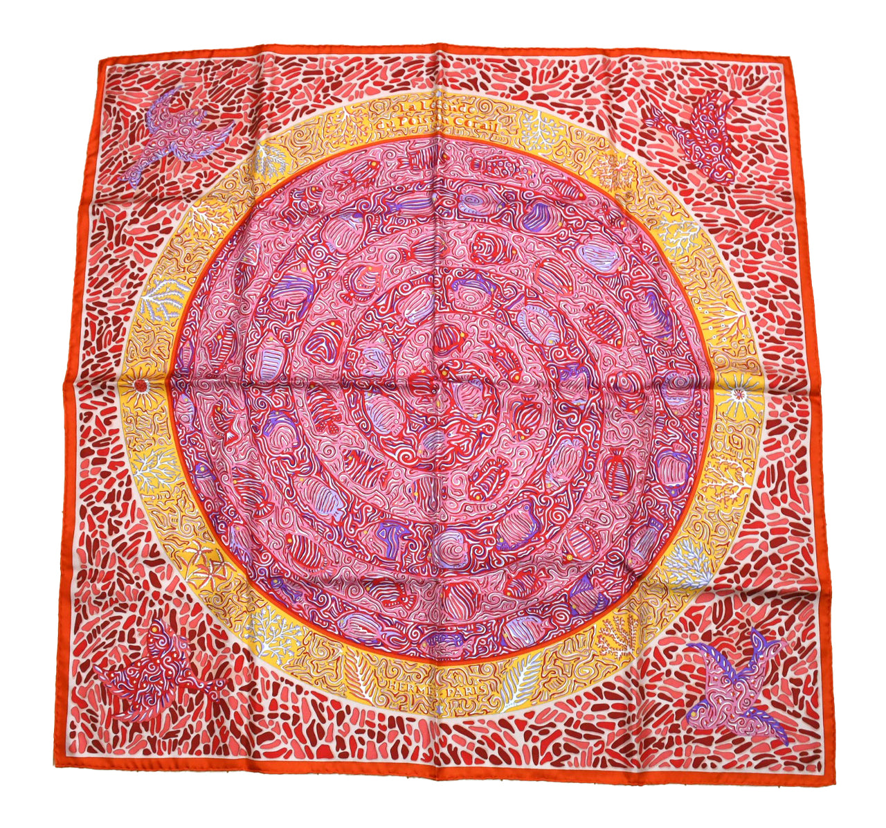 Hermes Scarf La Legende du Poisson Corail 90 cm silk orange Carre coral fish 35"