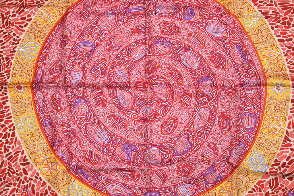 Hermes Scarf La Legende du Poisson Corail 90 cm silk orange Carre coral fish 35"