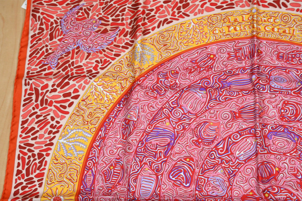 Hermes Scarf La Legende du Poisson Corail 90 cm silk orange Carre coral fish 35"