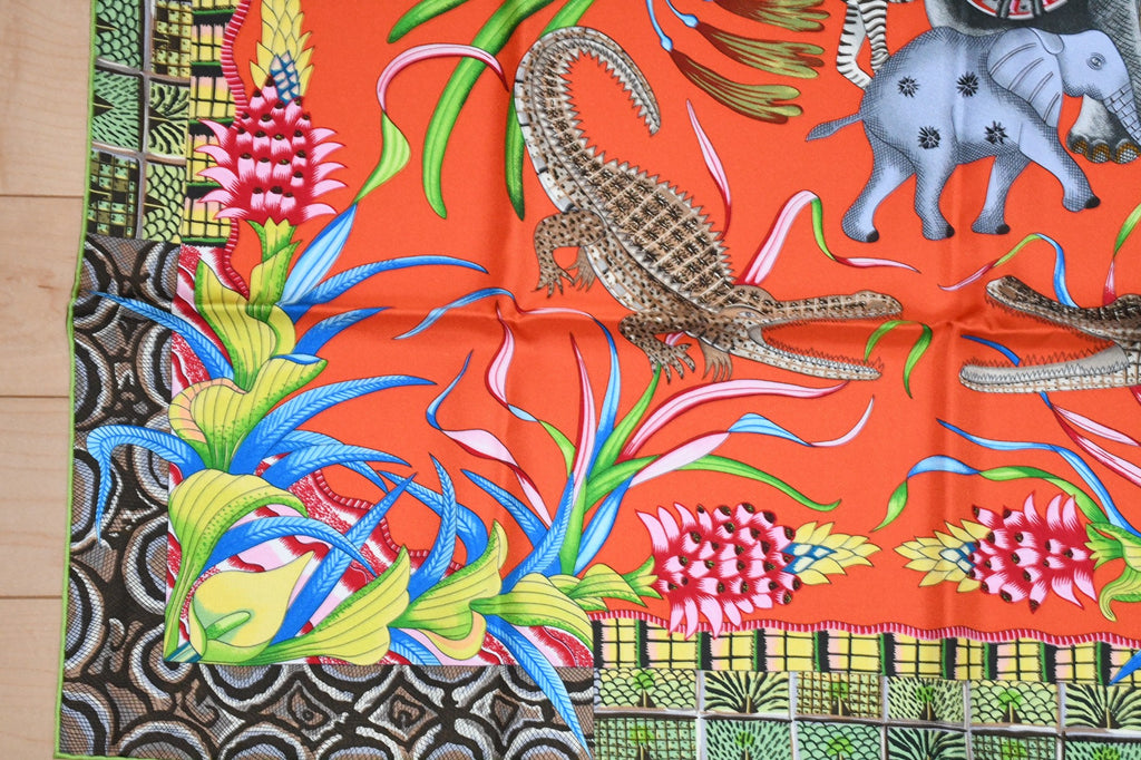 Hermes Scarf La Marche du Zambeze 90 cm silk orange Carre elephant river 35"