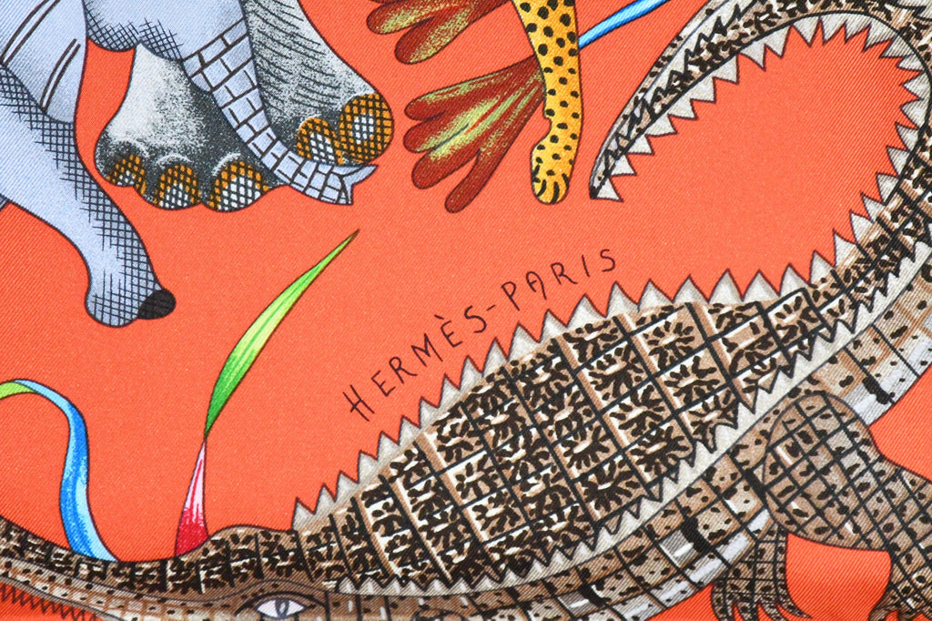 Hermes Scarf La Marche du Zambeze 90 cm silk orange Carre elephant river 35"