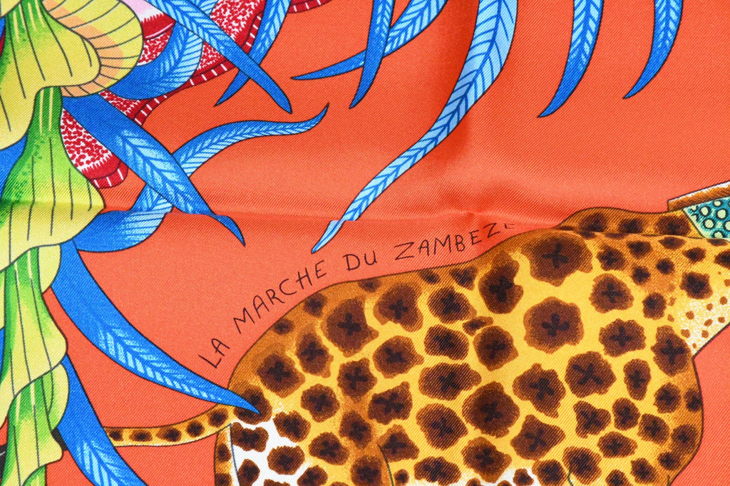 Hermes Scarf La Marche du Zambeze 90 cm silk orange Carre elephant river 35"