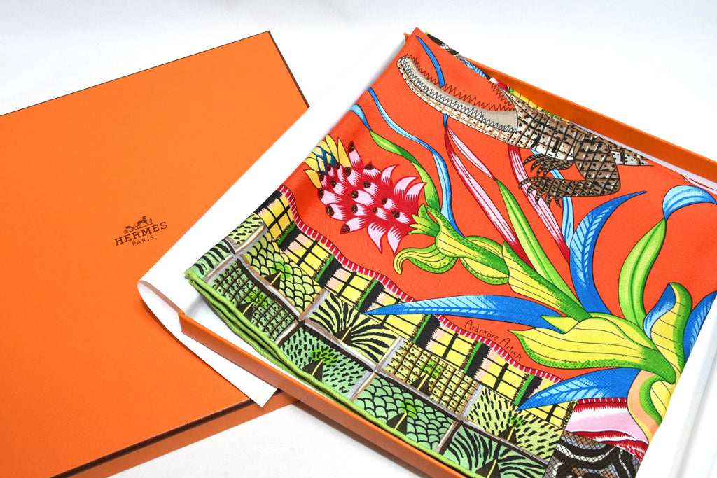 Hermes Scarf La Marche du Zambeze 90 cm silk orange Carre elephant river 35"