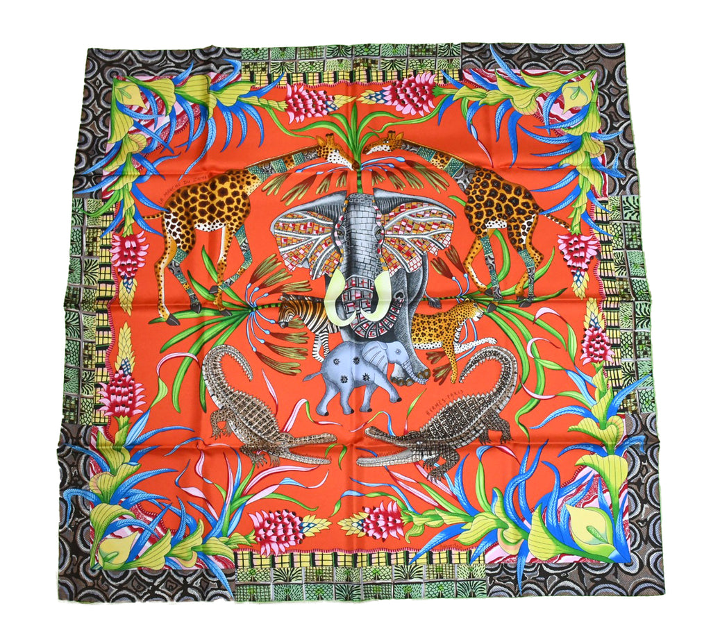 Hermes Scarf La Marche du Zambeze 90 cm silk orange Carre elephant river 35"