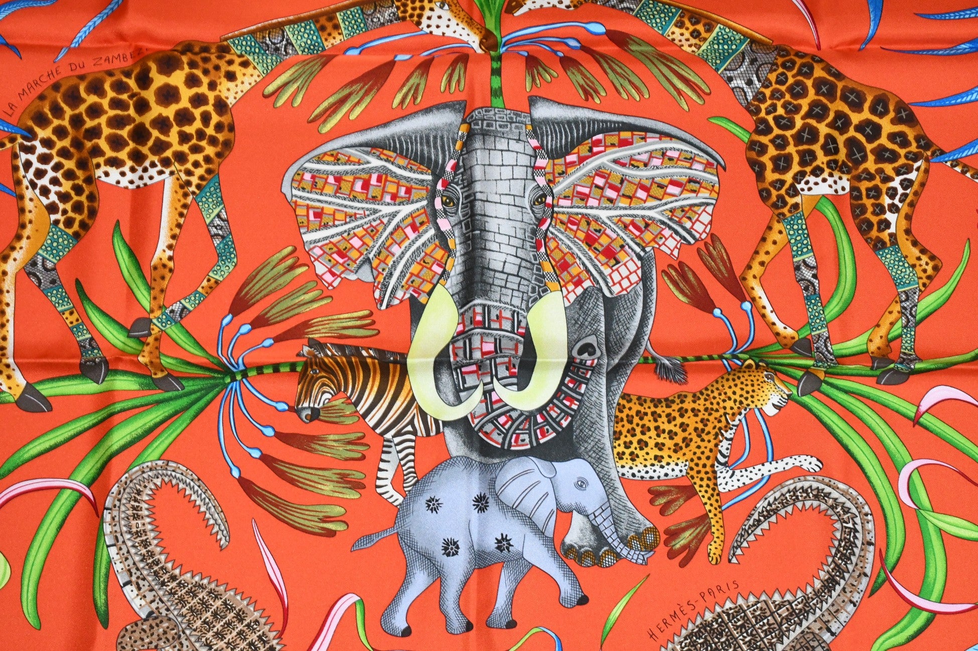 Hermes Scarf La Marche du Zambeze 90 cm silk orange Carre elephant
