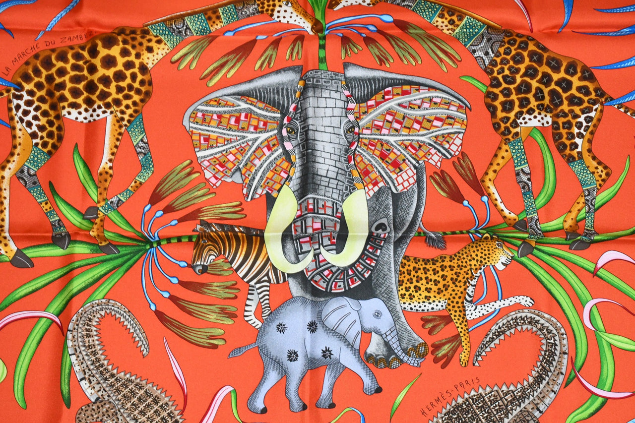 Hermes Scarf La Marche du Zambeze 90 cm silk orange Carre elephant river 35"