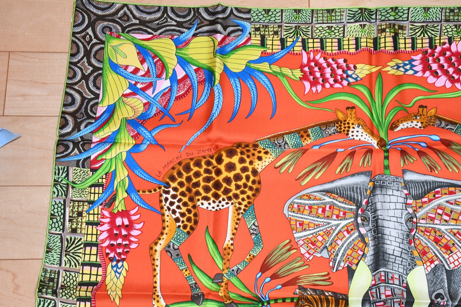 Hermes Scarf La Marche du Zambeze 90 cm silk orange Carre elephant