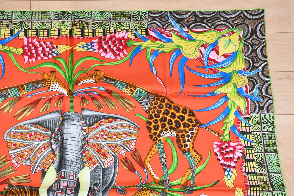 Hermes Scarf La Marche du Zambeze 90 cm silk orange Carre elephant river 35"