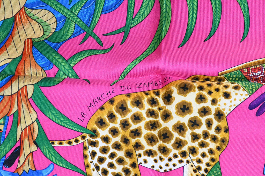 Hermes Scarf La Marche du Zambeze 90 cm silk pink Carre elephant river 35"