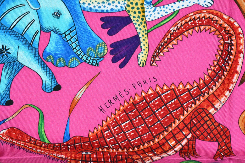 Hermes Scarf La Marche du Zambeze 90 cm silk pink Carre elephant river 35"