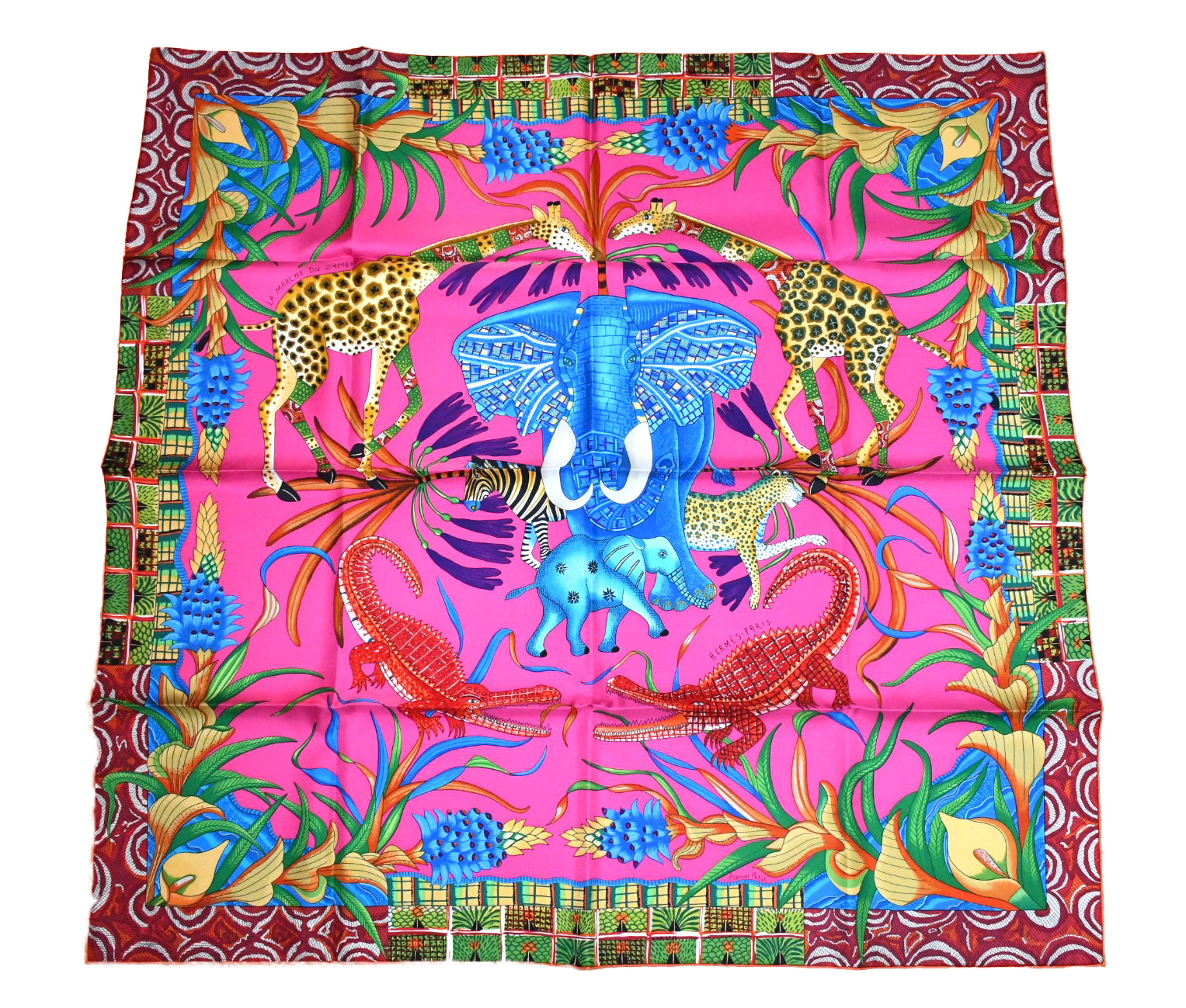 Hermes Scarf La Marche du Zambeze 90 cm silk pink Carre elephant