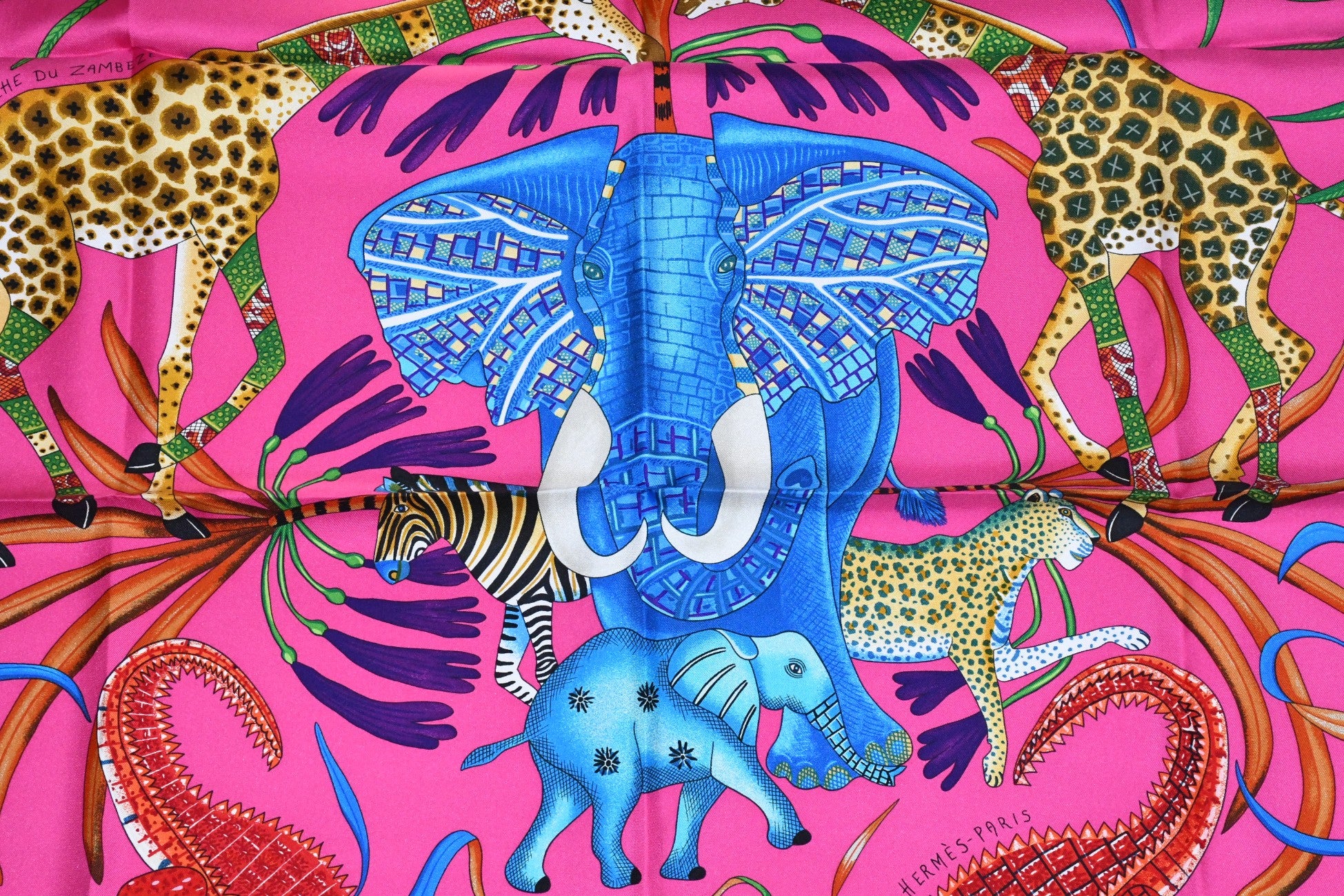 Hermes Scarf La Marche du Zambeze 90 cm silk pink Carre elephant