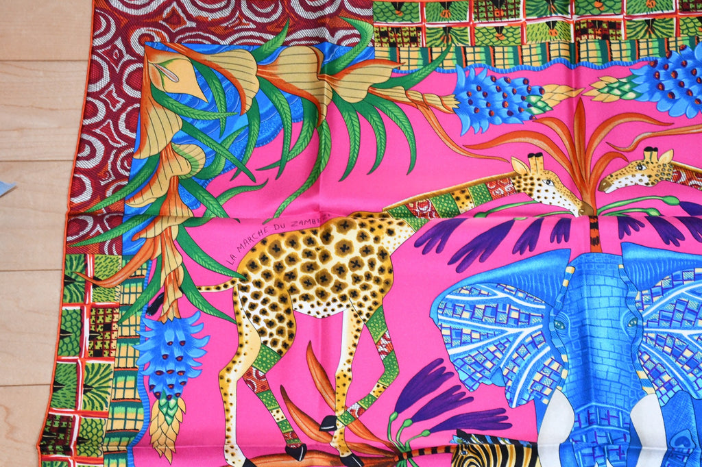 Hermes Scarf La Marche du Zambeze 90 cm silk pink Carre elephant river 35"