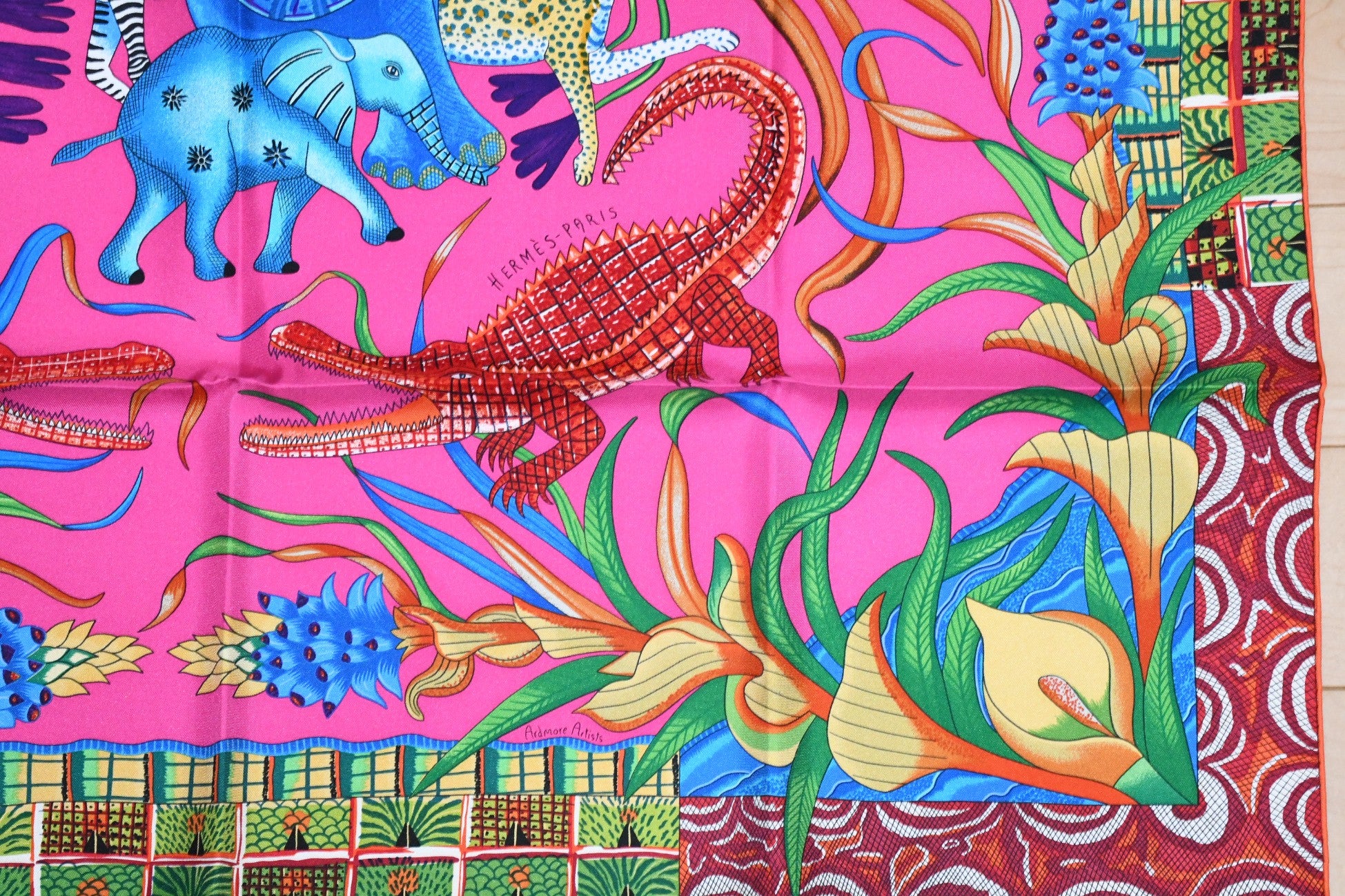 Hermes Scarf La Marche du Zambeze 90 cm silk pink Carre elephant
