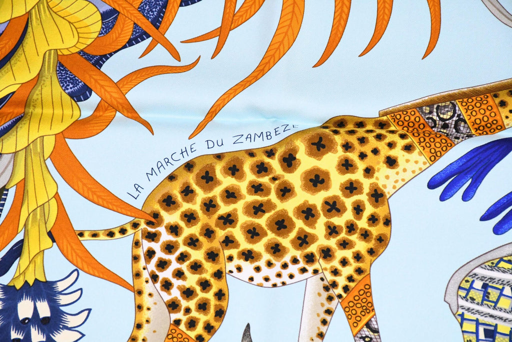 Hermes Scarf La Marche du Zambeze 90 cm silk yellow Carre elephant river 35"