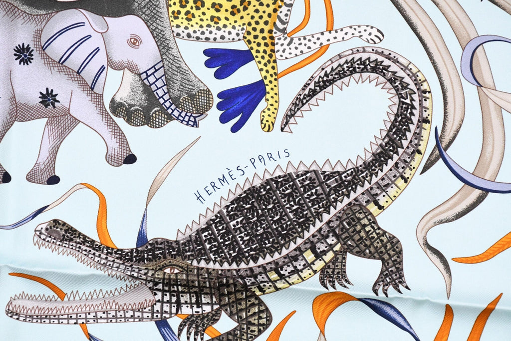 Hermes Scarf La Marche du Zambeze 90 cm silk yellow Carre elephant river 35"