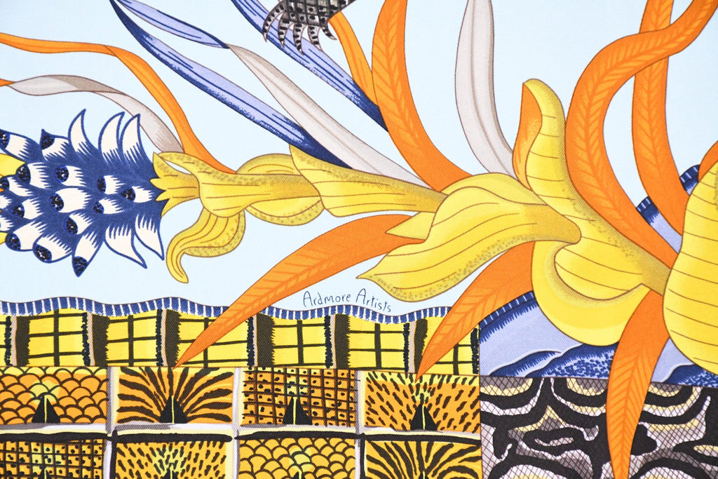 Hermes Scarf La Marche du Zambeze 90 cm silk yellow Carre elephant river 35"