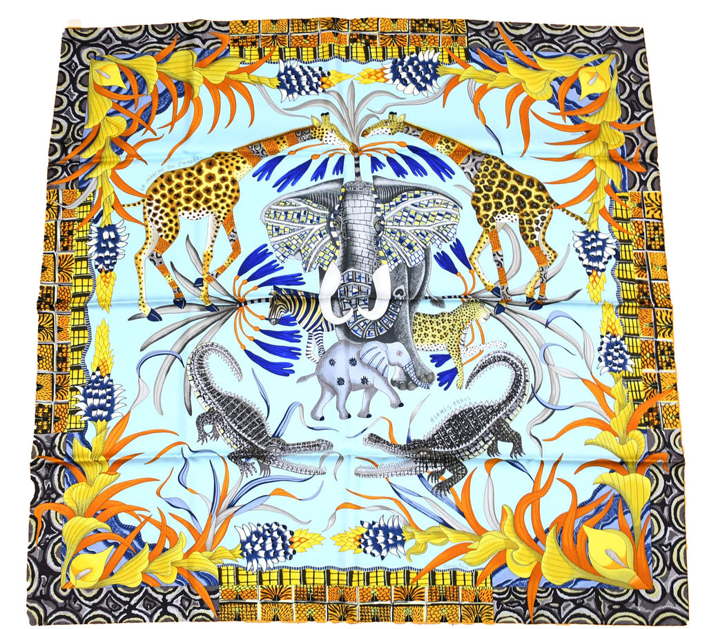 Hermes Scarf La Marche du Zambeze 90 cm silk yellow Carre elephant river 35"