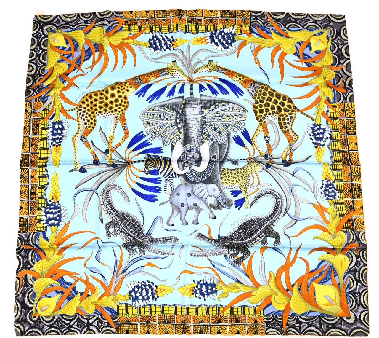 Hermes Scarf La Marche du Zambeze 90 cm silk yellow Carre elephant river 35"