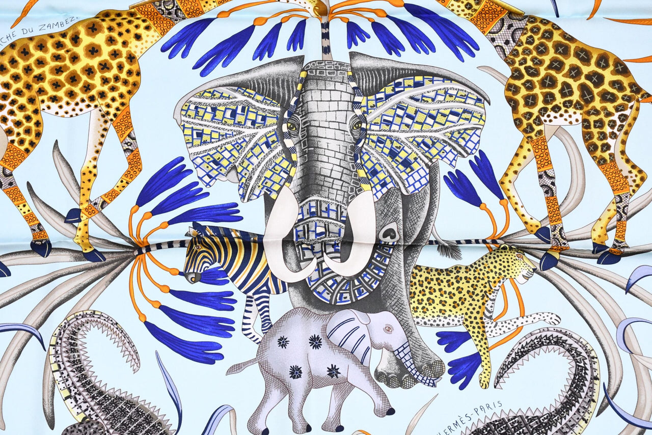 Hermes Scarf La Marche du Zambeze 90 cm silk yellow Carre elephant river 35"