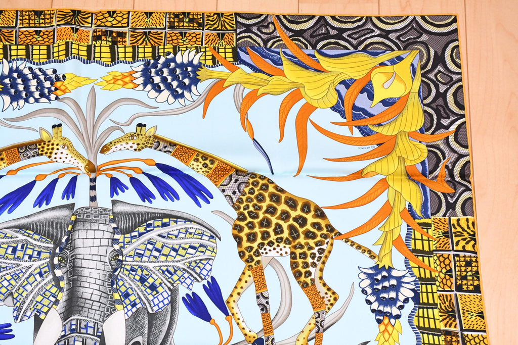 Hermes Scarf La Marche du Zambeze 90 cm silk yellow Carre elephant river 35"