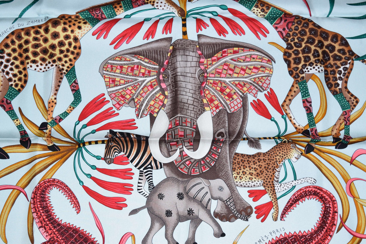 Hermes Scarf La Marche du Zambeze Silk 90 cm Elephant animal Carre 35" RA35