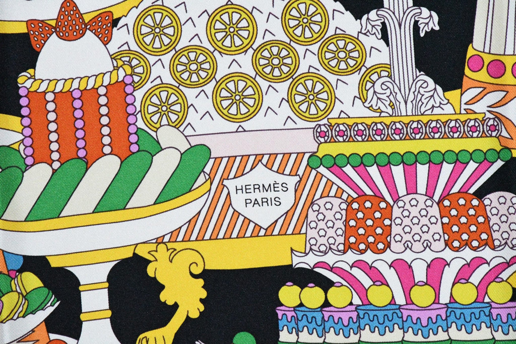 Hermes Scarf La Patisserie Francaise 90 cm silk black Carre french pastry 35"